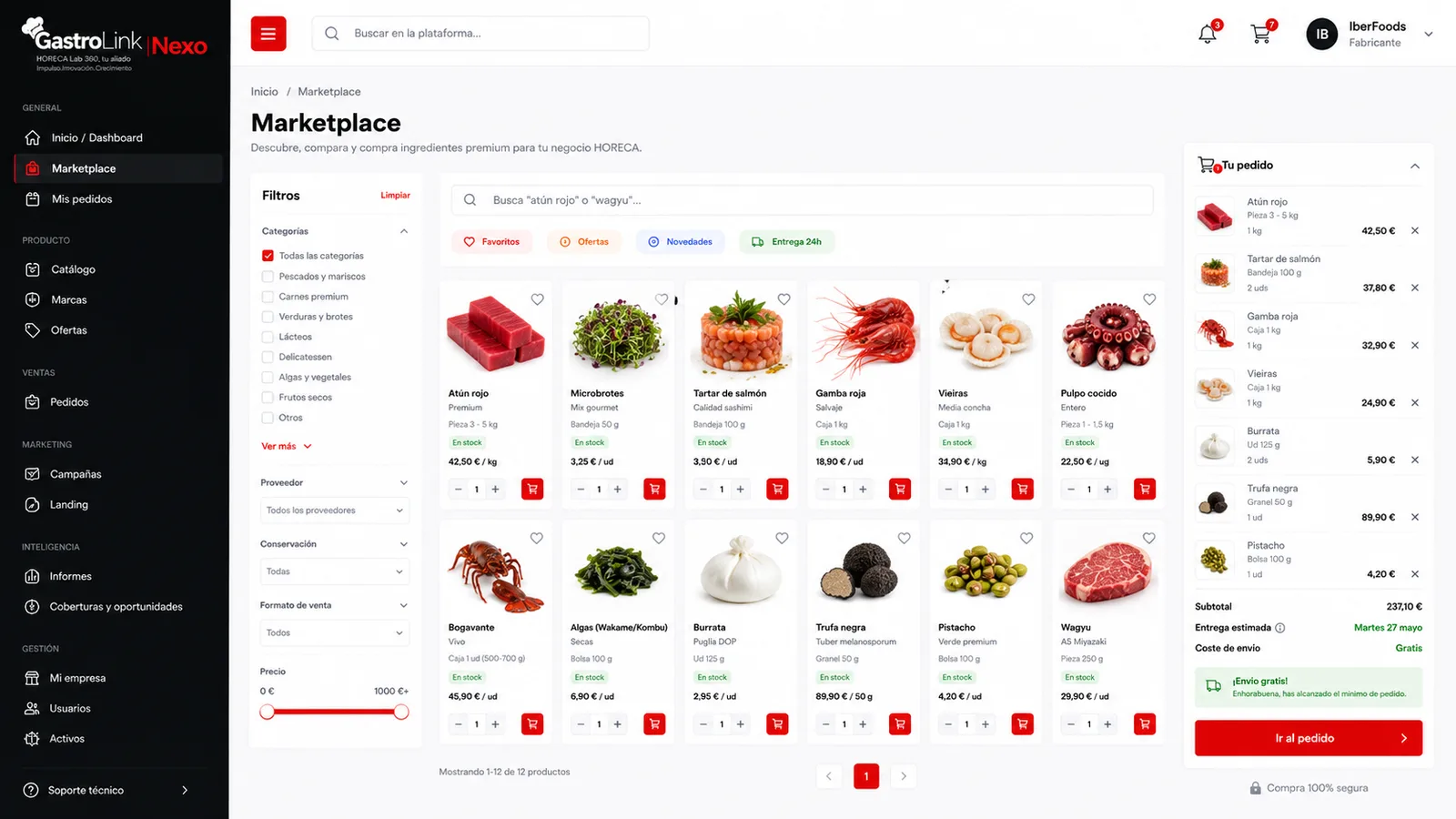 Marketplace del restaurante con búsqueda de productos, filtros y pedido en curso