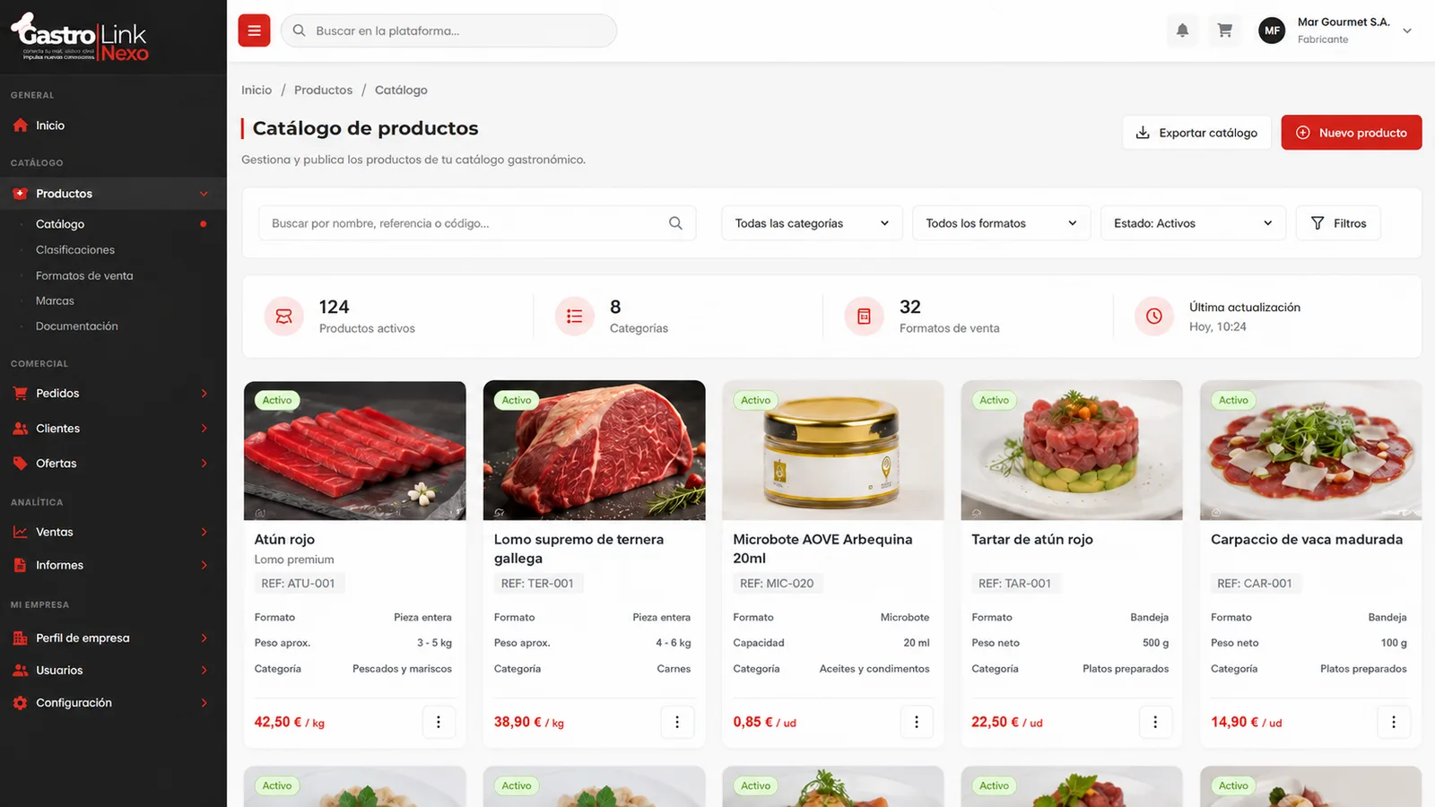 Catálogo de productos de un fabricante en GastroLinkNexo