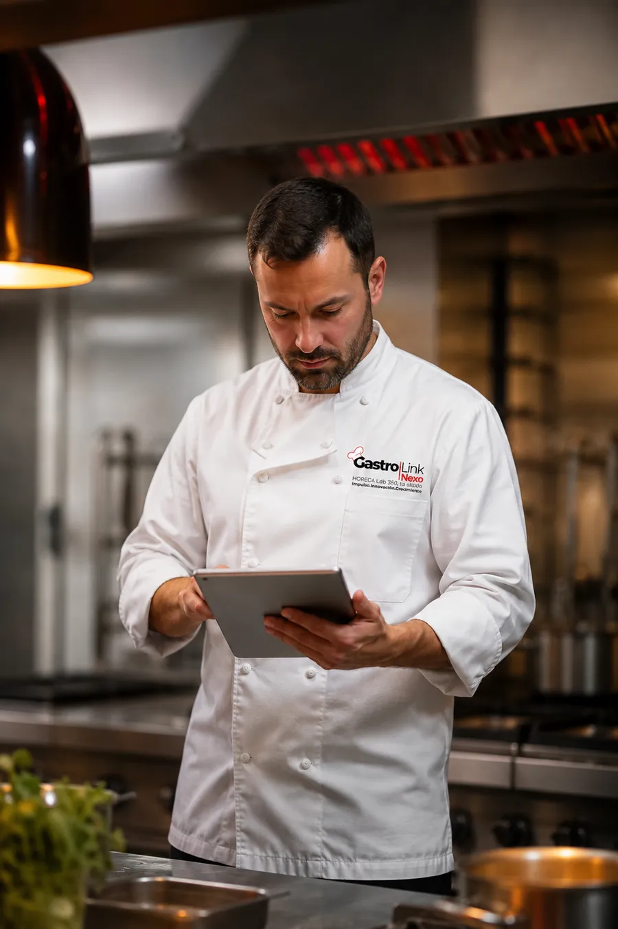 Cocinero profesional con chaquetilla GastroLinkNexo consultando formación de producto en una tablet dentro de una cocina HORECA